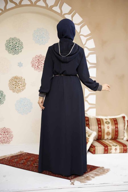 Kapşonlu Koyu Lacivert Tesettür Abaya 81151KL - 5