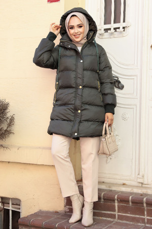 Kapşonlu Koyu Petrol Yeşili Tesettür Şişme Mont 80191KPY - NEVA STYLE