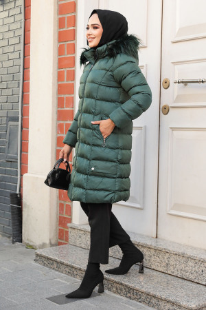 Kapşonlu Koyu Yeşil Tesettür Şişme Mont 9781KY - NEVA STYLE
