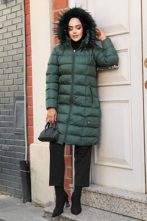 Kapşonlu Koyu Yeşil Tesettür Şişme Mont 9781KY - 3