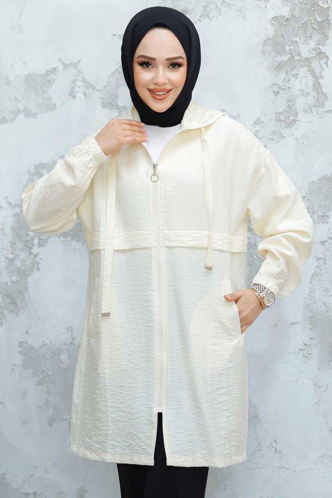Kapşonlu Krem Tesettür Kap 44721KR - NEVA STYLE
