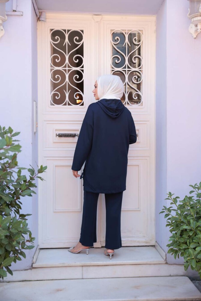 Kapşonlu Lacivert Tesettür Modal İkili Takım 17431L - 4