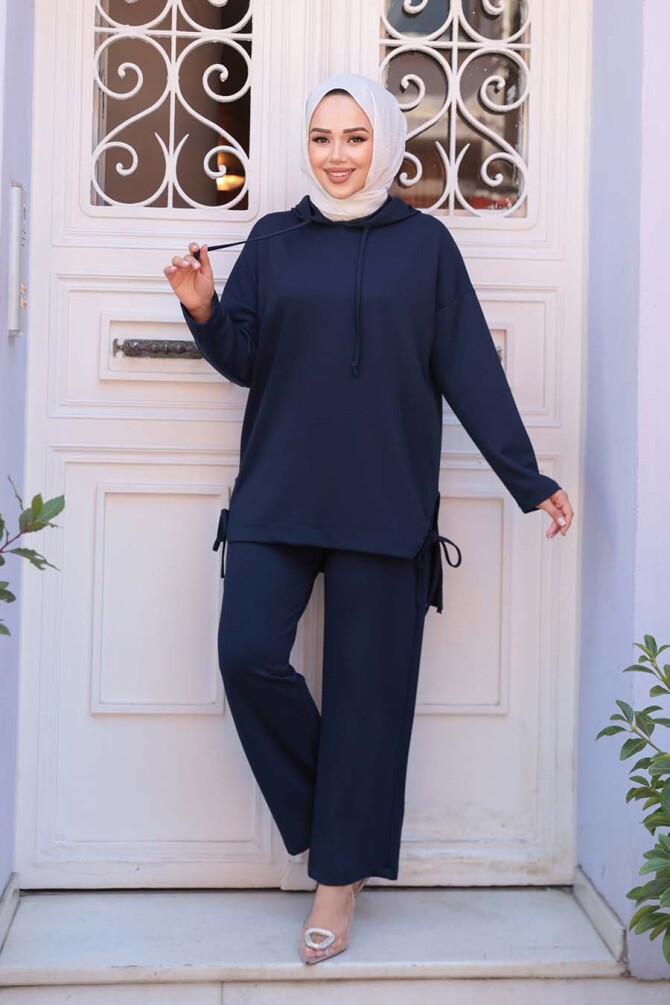 Kapşonlu Lacivert Tesettür Modal İkili Takım 17431L - 2