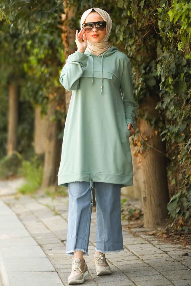 Kapşonlu Mint Tesettür Sweatshirt & Tunik 41232MINT - 1