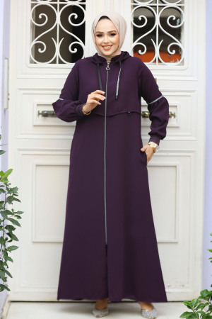 Kapşonlu Mürdüm Tesettür Abaya 62602MU - 2