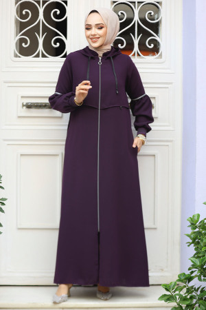 Kapşonlu Mürdüm Tesettür Abaya 62602MU - 3