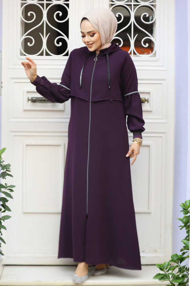 Kapşonlu Mürdüm Tesettür Abaya 62602MU - 1