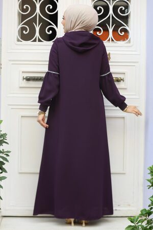 Kapşonlu Mürdüm Tesettür Abaya 62602MU - 4