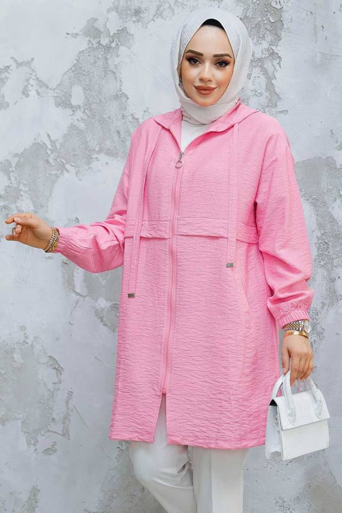Kapşonlu Pembe Tesettür Kap 44721P - 2