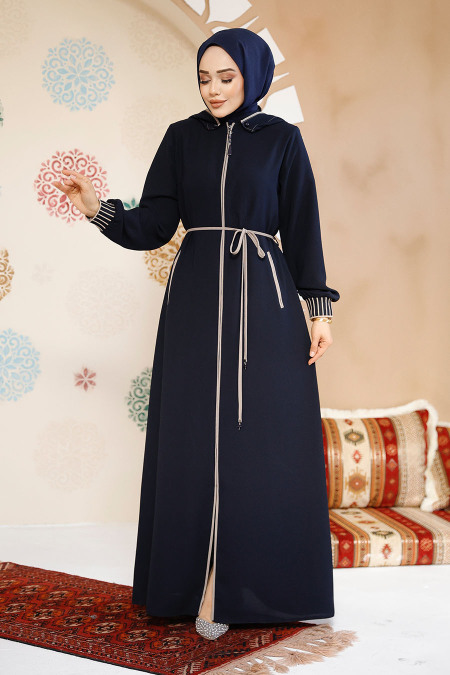 Kapşonlu Koyu Lacivert Tesettür Abaya 81151KL - 1
