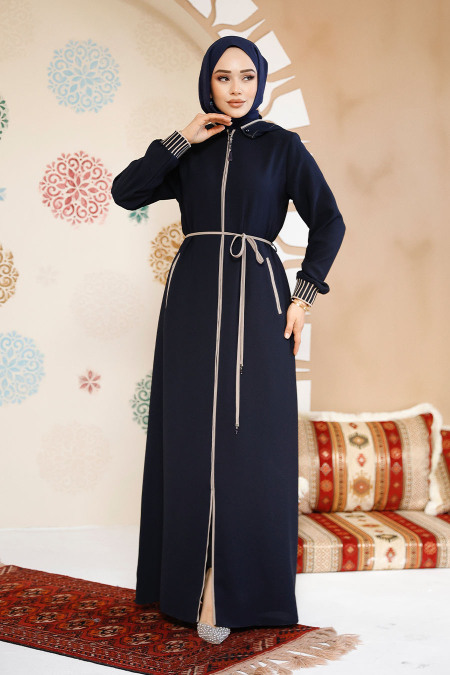 Kapşonlu Koyu Lacivert Tesettür Abaya 81151KL - 4