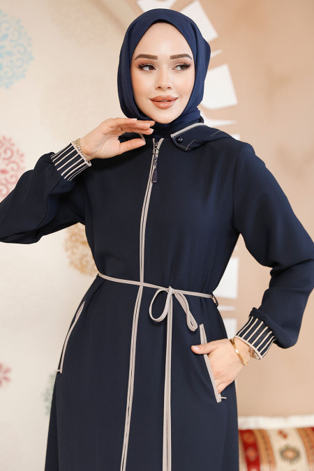 Kapşonlu Koyu Lacivert Tesettür Abaya 81151KL - 2