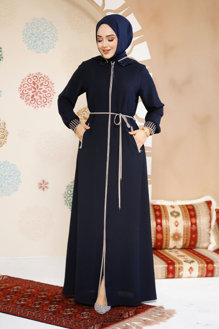 Kapşonlu Koyu Lacivert Tesettür Abaya 81151KL - 3