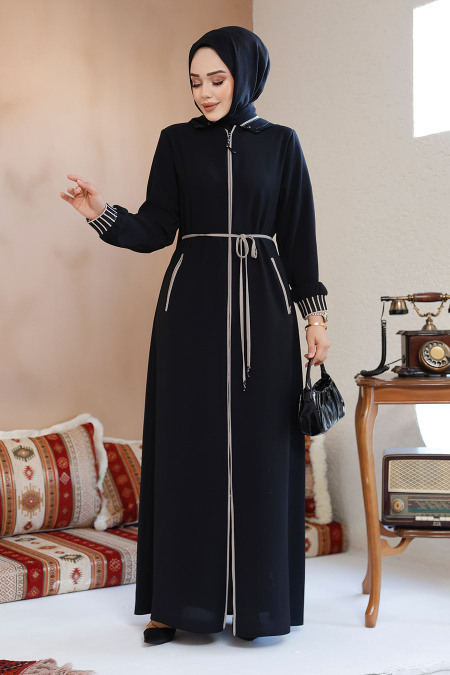 Kapşonlu Siyah Tesettür Abaya 81151S - 2