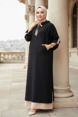 Kapşonlu Siyah Tesettür Elbise 76612S 