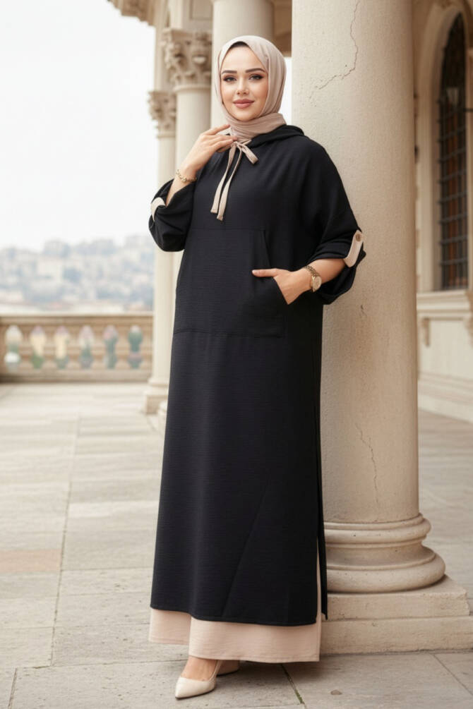 Kapşonlu Siyah Tesettür Elbise 76612S - 1