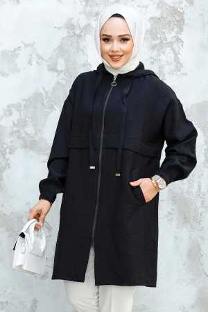 Kapşonlu Siyah Tesettür Kap 44721S - NEVA STYLE