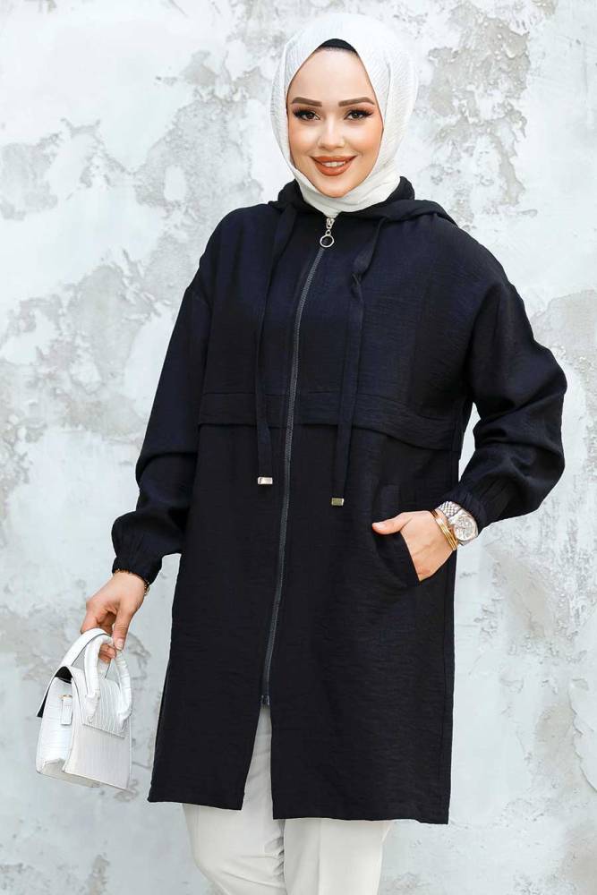 Kapşonlu Siyah Tesettür Kap 44721S - NEVA STYLE