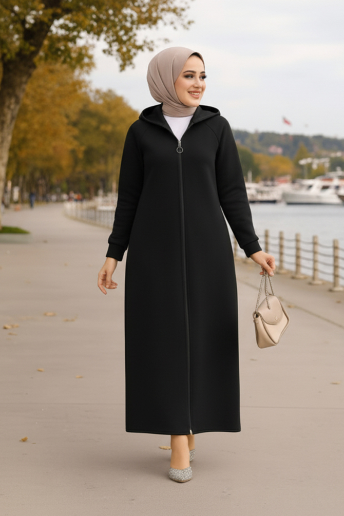 Kapşonlu Siyah Tesettür Kap 72231S - 2