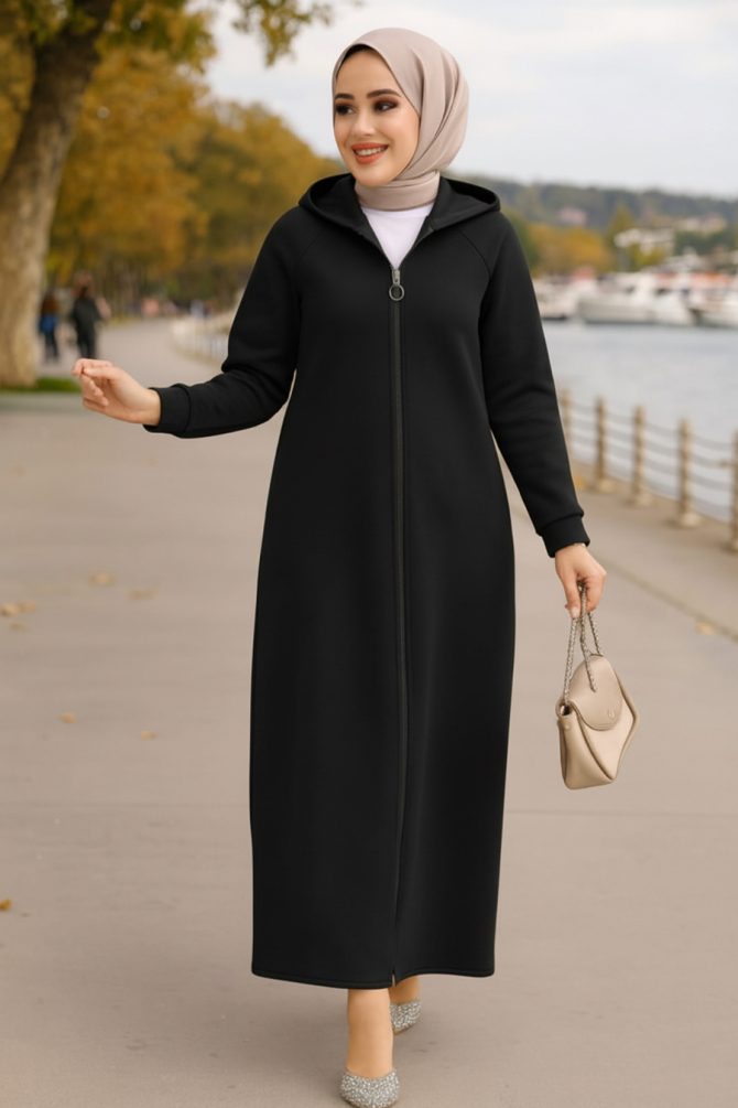 Kapşonlu Siyah Tesettür Kap 72231S - NEVA STYLE