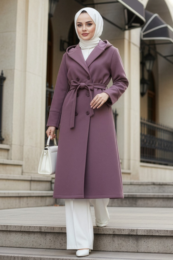 Kapşonlu Koyu Gül Kurusu Tesettür Kaşe Kap 62341KGK - 1