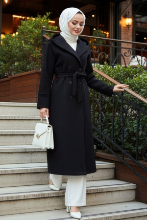 Kapşonlu Siyah Tesettür Kaşe Kap 62341S 