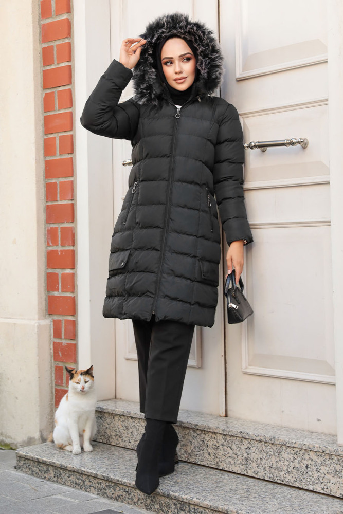 Kapşonlu Siyah Tesettür Şişme Mont 9781S - NEVA STYLE