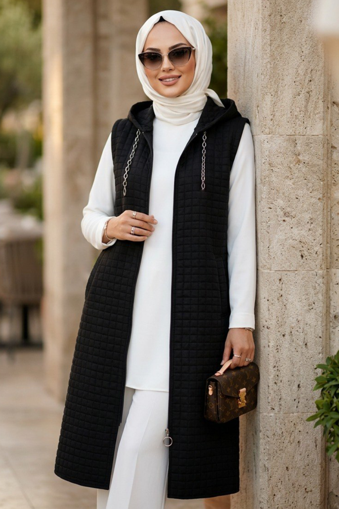 Kapşonlu Siyah Tesettür Yelek 30415S - 1