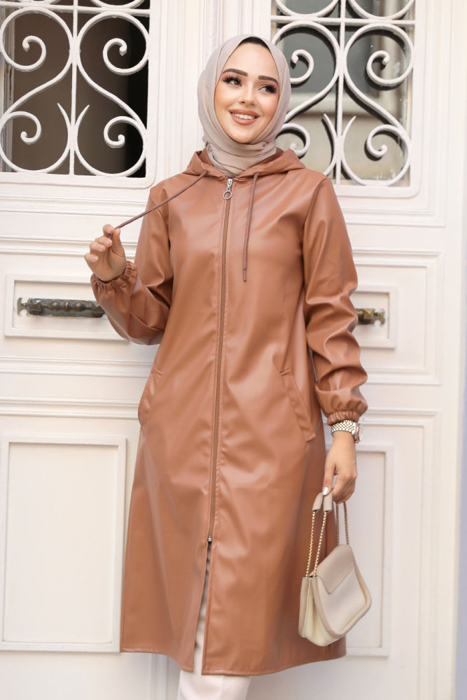 Kapşonlu Taba Deri Tesettür Kap 50951TB - NEVA STYLE