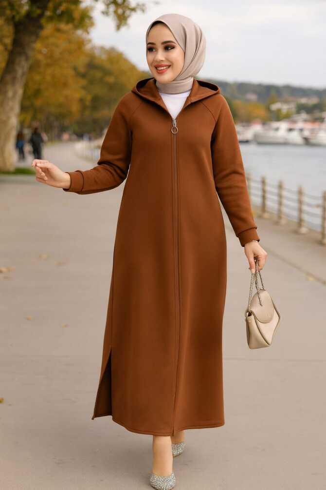 Kapşonlu Taba Tesettür Kap 72231TB - 1