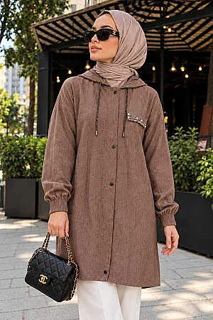 Kapüşonlu Bağcık Detaylı Çilek Kumaş Camel Tesettür Kap 15241C 