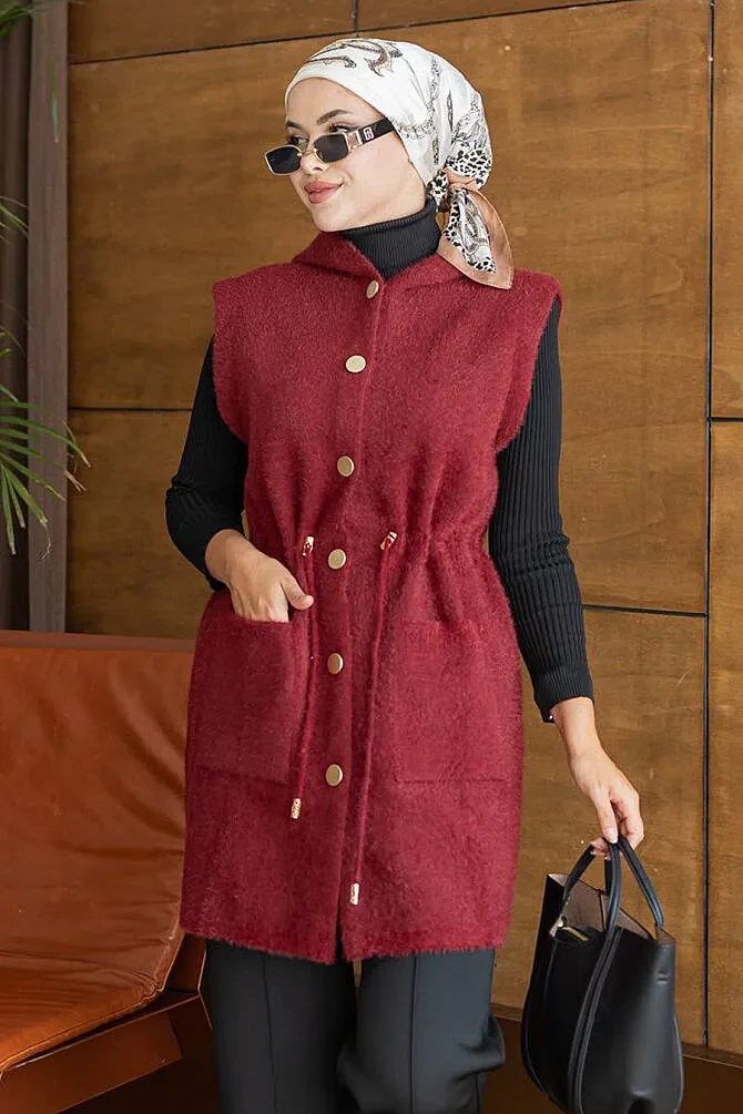 Kapüşonlu Beli Bağcıklı Cepli Bordo Sakal Angora Tesettür Triko Yelek 251438BR - 1