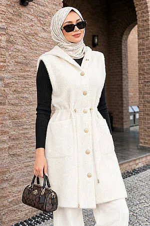 Kapüşonlu Beli Bağcıklı Cepli Krem Sakal Angora Tesettür Triko Yelek 251438KR - N.S NEVA STYLE