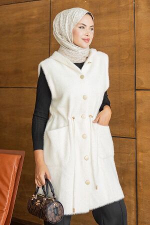 Kapüşonlu Beli Bağcıklı Cepli Krem Sakal Angora Tesettür Triko Yelek 251438KR - N.S NEVA STYLE