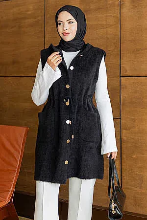 Kapüşonlu Beli Bağcıklı Cepli Siyah Sakal Angora Tesettür Triko Yelek 251438S - N.S NEVA STYLE