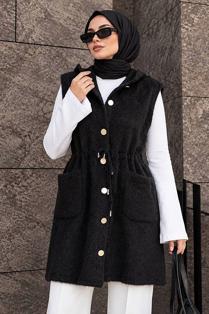 Kapüşonlu Beli Bağcıklı Cepli Siyah Sakal Angora Tesettür Triko Yelek 251438S - 1