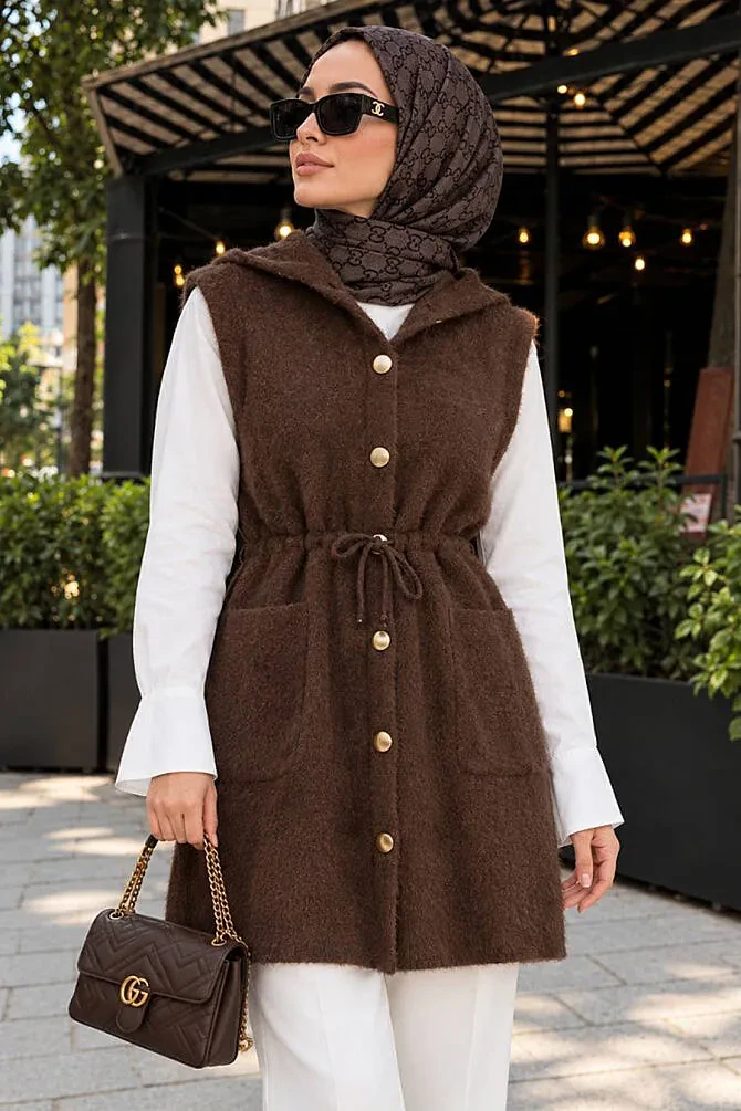 Kapüşonlu Beli Bağcıklı Kahverengi Sakal Angora Tesettür Triko Yelek 251485KH - 1