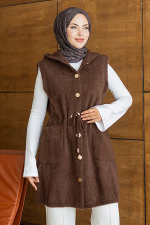Kapüşonlu Beli Bağcıklı Kahverengi Tesettür Triko Yelek 251485KH - N.S NEVA STYLE