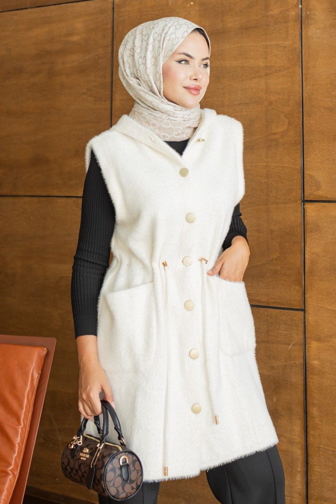Kapüşonlu Beli Bağcıklı Krem Sakal Angora Tesettür Triko Yelek 251485KR - 2