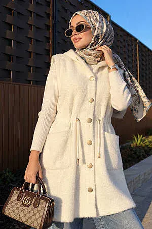 Kapüşonlu Beli Bağcıklı Krem Sakal Angora Tesettür Triko Yelek 251485KR - 1