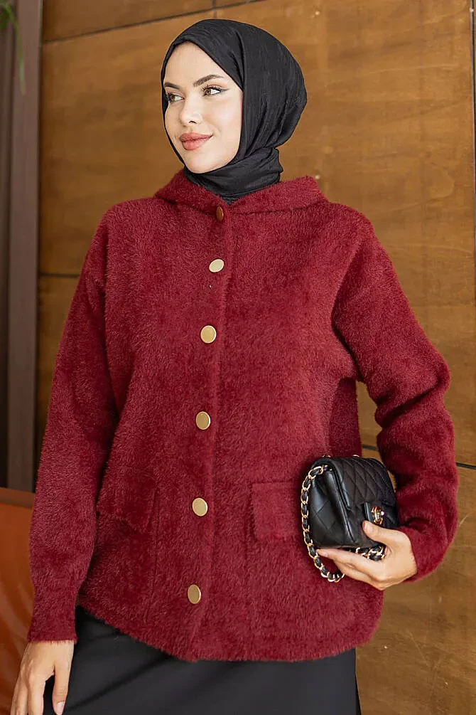 Kapüşonlu Düğmeli Cepli Bordo Sakal Angora Tesettür Triko Hırka 241482BR - 3