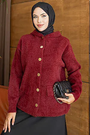 Kapüşonlu Düğmeli Cepli Bordo Sakal Angora Tesettür Triko Hırka 241482BR - N.S NEVA STYLE