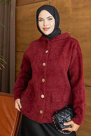 Kapüşonlu Düğmeli Cepli Bordo Sakal Angora Tesettür Triko Hırka 241482BR - 6