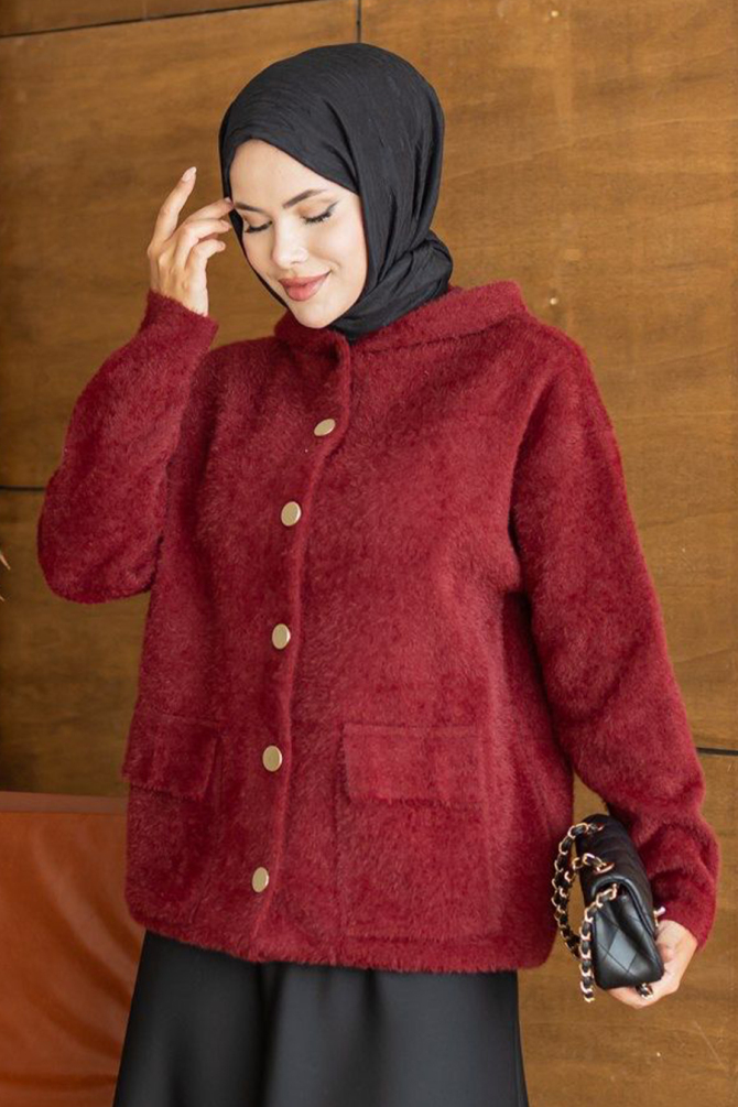 Kapüşonlu Düğmeli Cepli Bordo Tesettür Triko Hırka 241482BR - 1