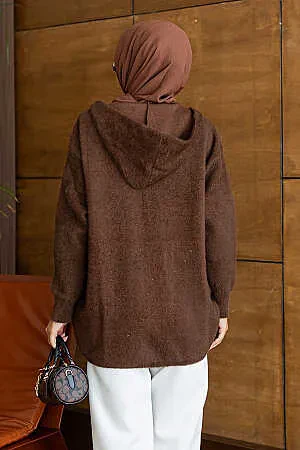 Kapüşonlu Düğmeli Cepli Kahverengi Sakal Angora Tesettür Triko Hırka 241482KH - 2