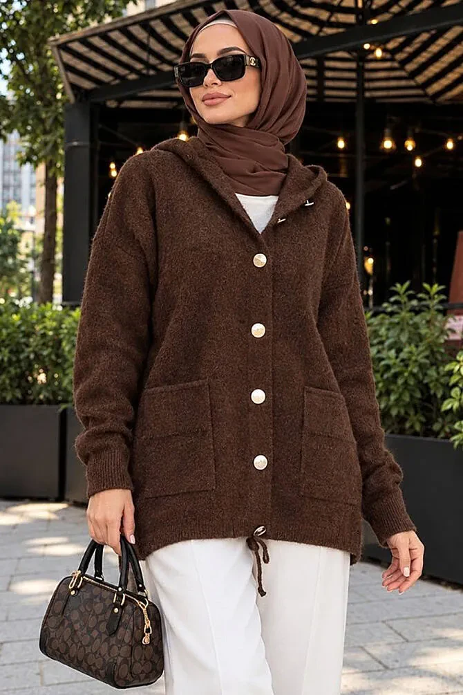Kapüşonlu Düğmeli Cepli Kahverengi Sakal Angora Tesettür Triko Hırka 241482KH - 1