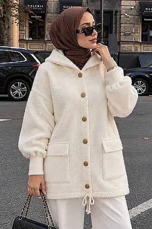 Kapüşonlu Düğmeli Cepli Krem Sakal Angora Tesettür Triko Hırka 241482KR 