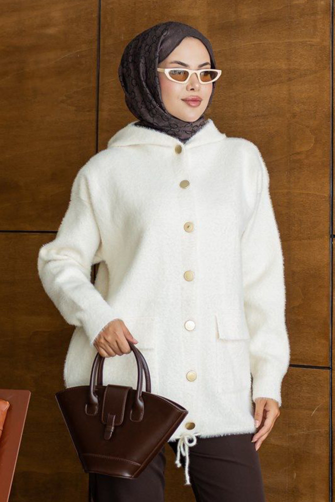 Kapüşonlu Düğmeli Cepli Krem Tesettür Triko Hırka 241482KR - 1