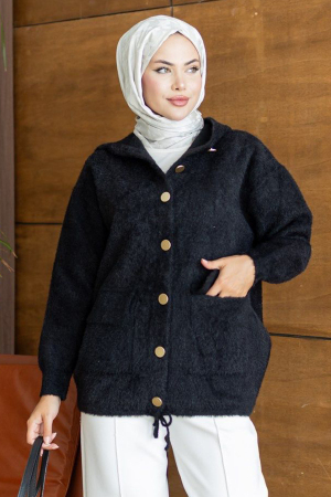 Kapüşonlu Düğmeli Cepli Siyah Tesettür Triko Hırka 241482S - N.S NEVA STYLE