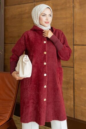 Kapüşonlu Düğmeli Uzun Bordo Sakal Angora Tesettür Triko Hırka 251424BR - N.S NEVA STYLE